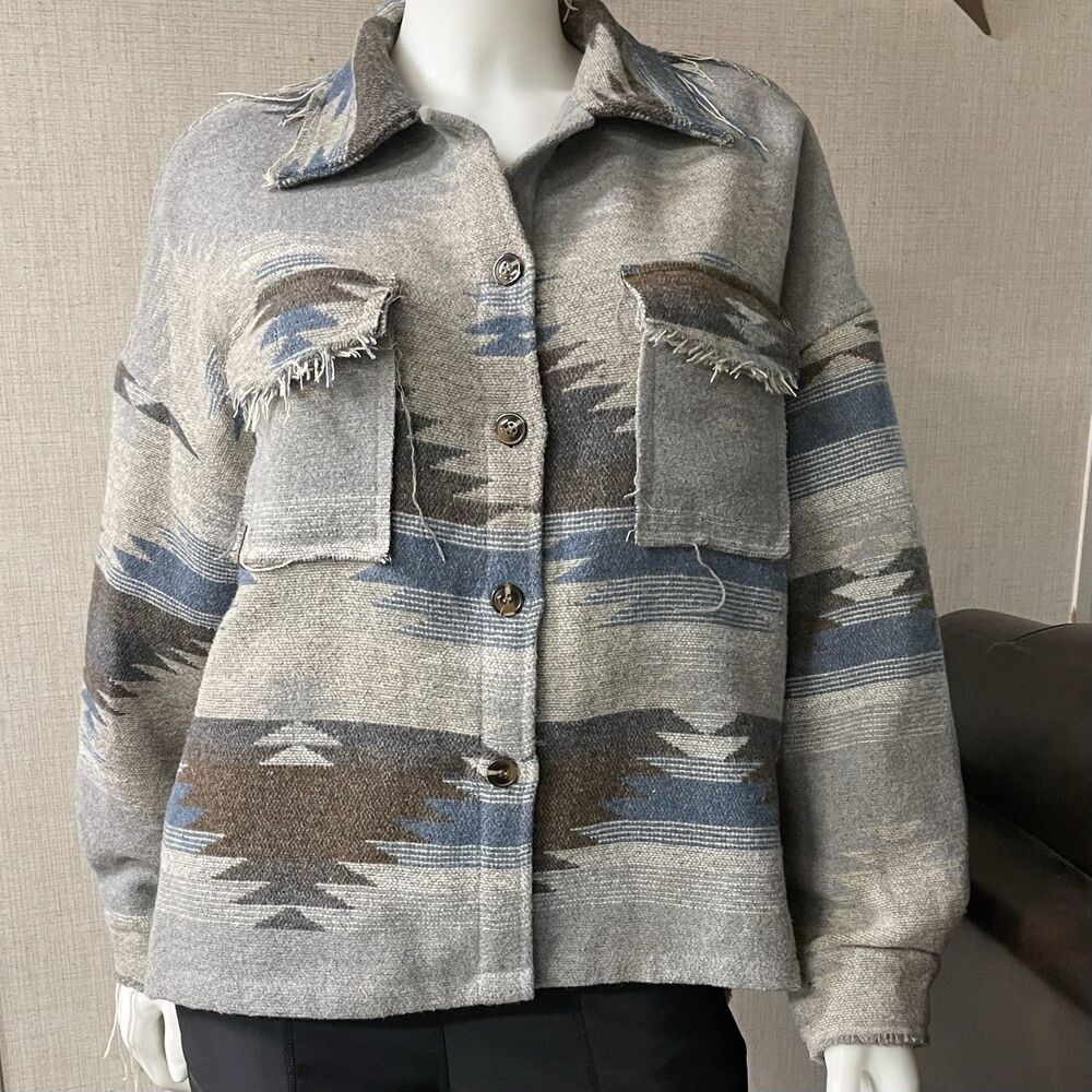 Women's XL Western Geometric Button-Front Collared Pocket Mid-Length Jacket